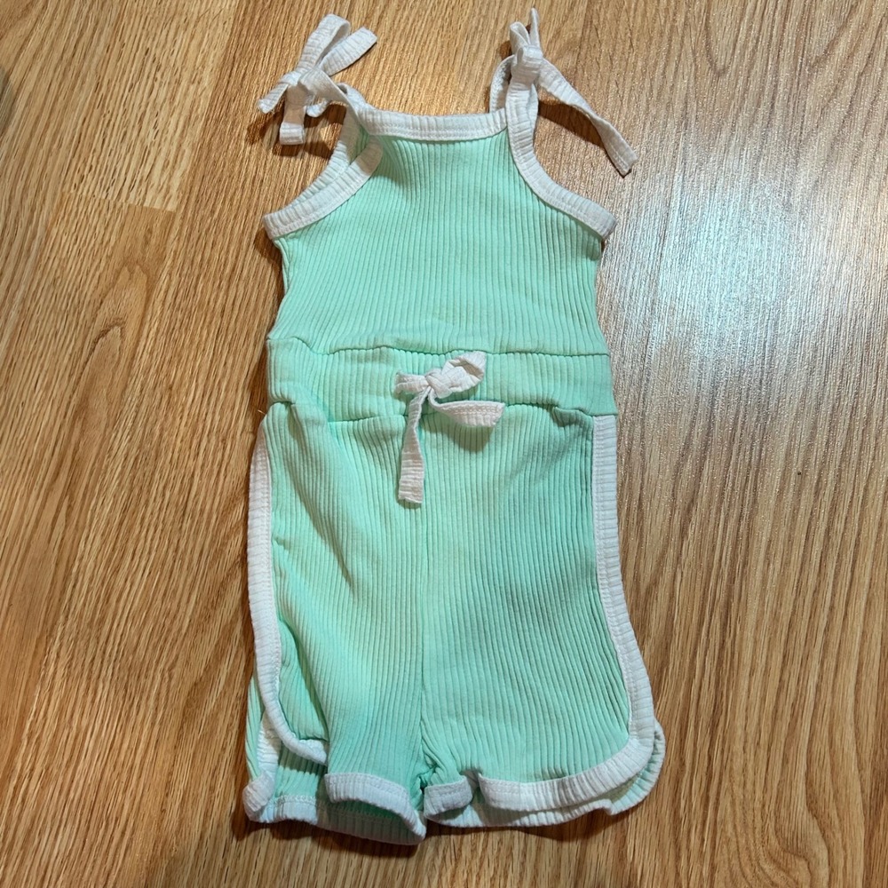 Mint Green Ribbed Romper Baby Girl Sleeveless Tie‎ Strap Summer Outfit